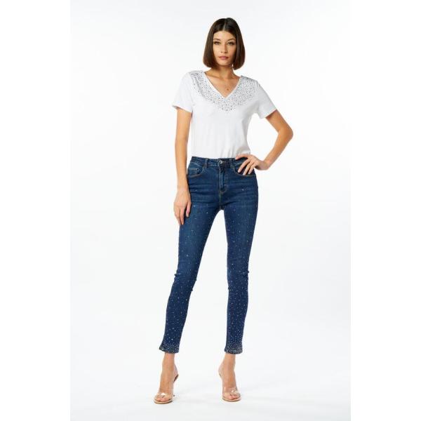 NOSECRETS T-SHIRT SCOLLO V CASCATA DIAMANTI - BIANCO - 241NS243-BCO